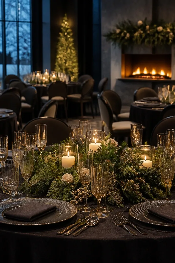 Evergreen wreath-like greenery with charcoal linens and champagne gold candles