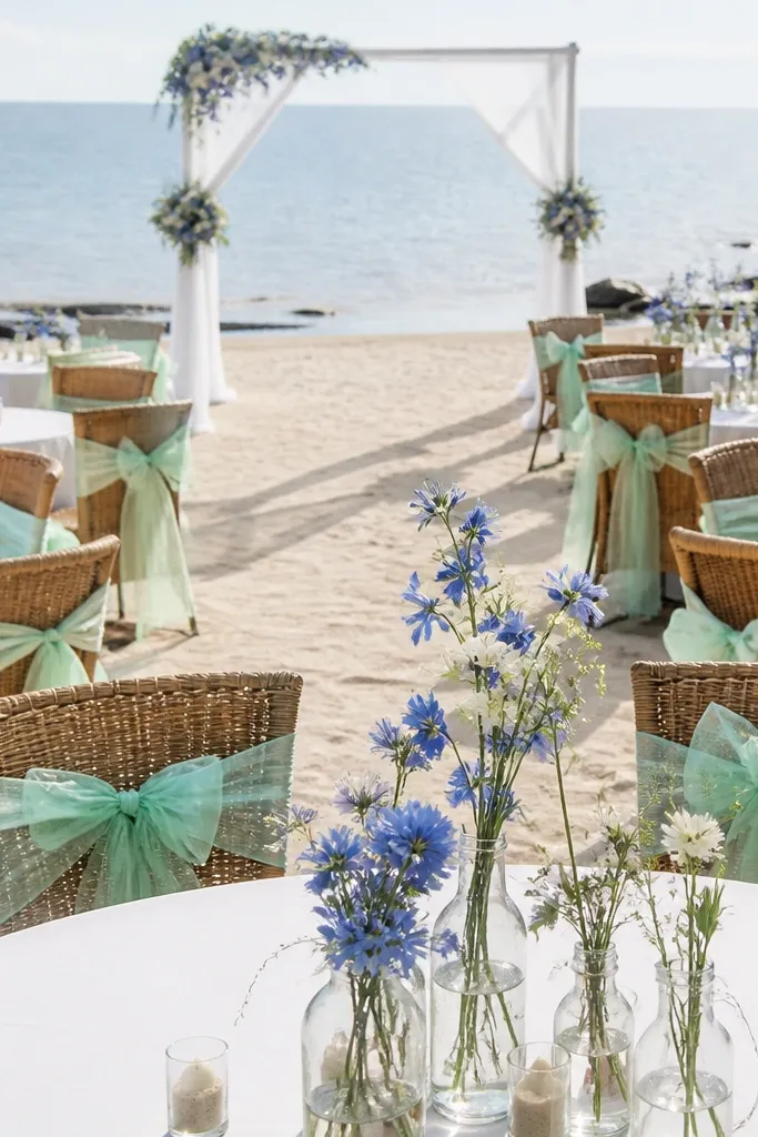 Mint table settings with white linens and cornflower blue florals