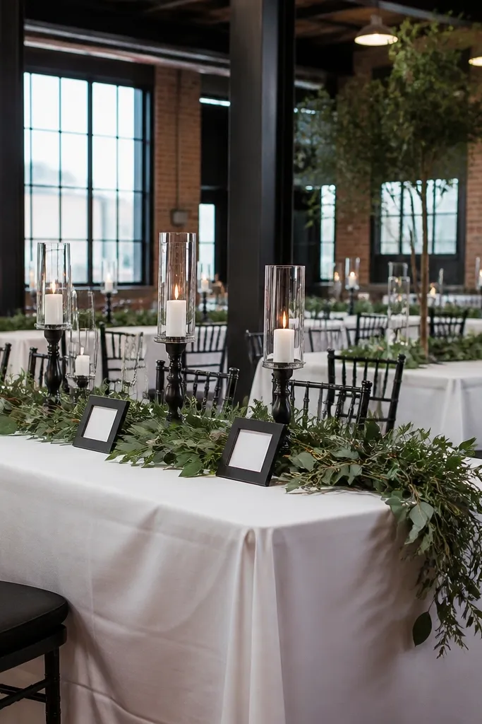 Leafy green foliage with white linens and black place cards