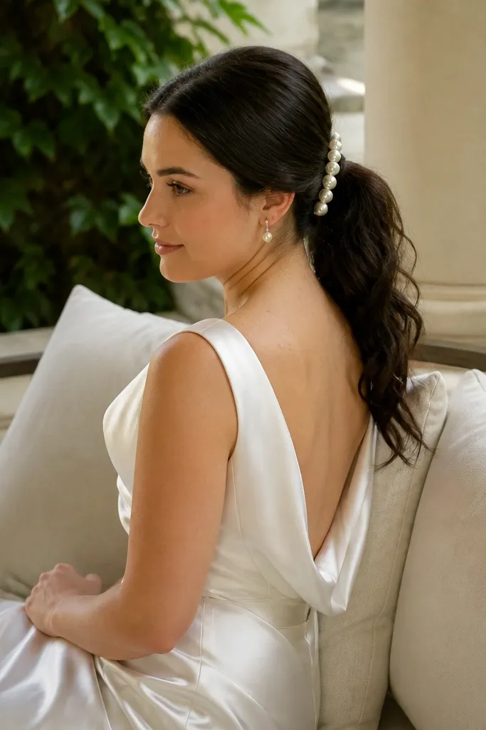 Ponytail with pearl pins placed along the side of the hair