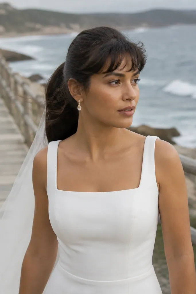 Sleek ponytail with curtain fringe framing the face