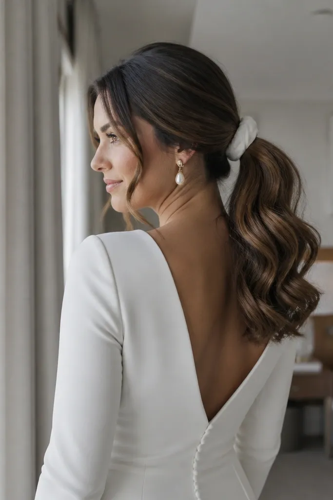 Ponytail tied with satin scrunchie and smooth polished ends
