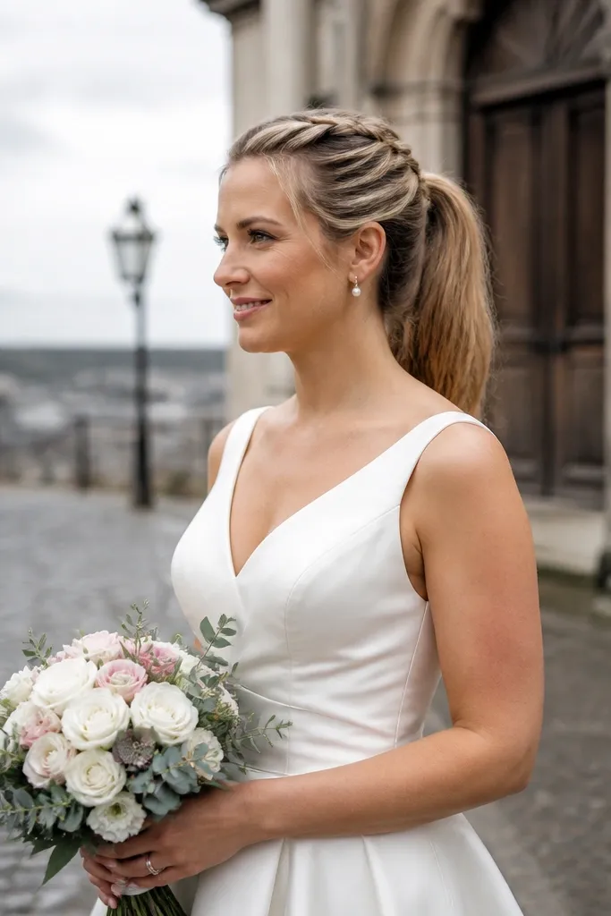 Front waterfall twist leading into a ponytail