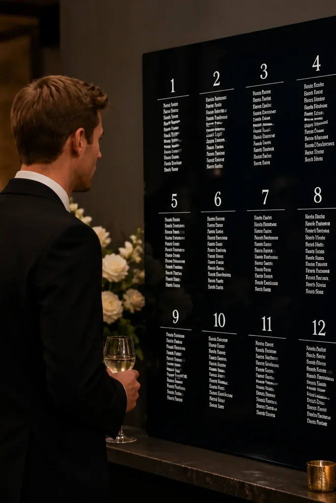 Acrylic seating chart with colored backing and white table lists
