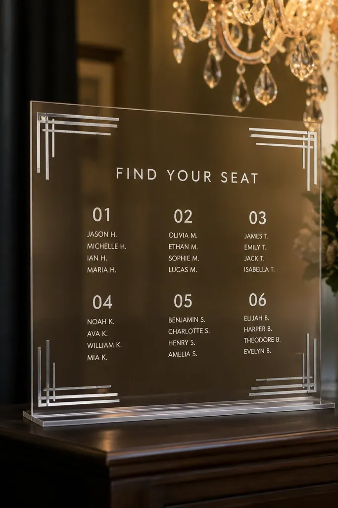 Acrylic seating chart with subtle metal-like accents and minimal typography