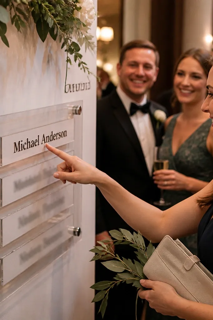Acrylic seating chart where names appear in rows with table number headers