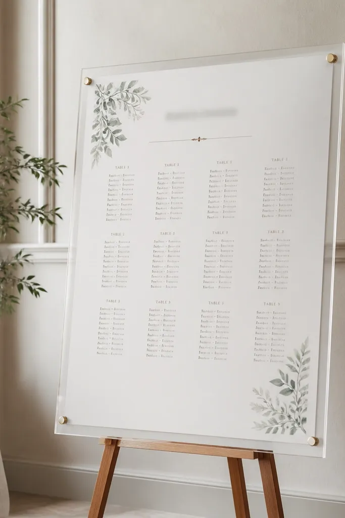 Acrylic seating chart mounted on a framed backing with stand-offs