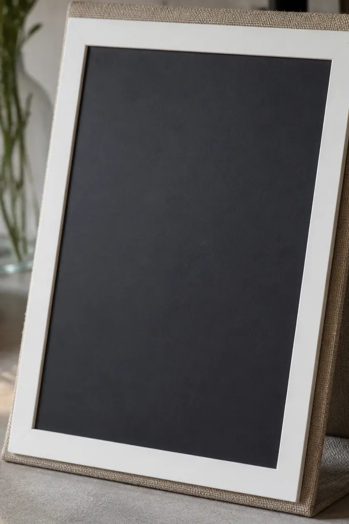 Black chalkboard menu with a thick white border leaning on a linen-backed board