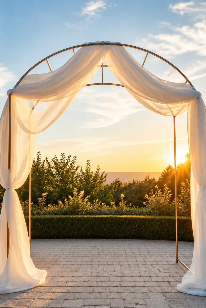 White fabric panels draped on a simple arch frame with soft greenery at the sides