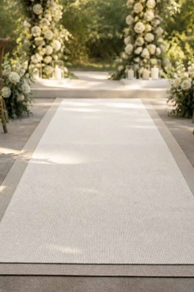 Layered neutral rugs forming an aisle with visible layered edges