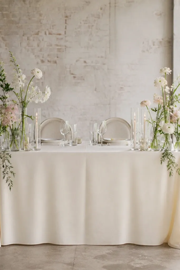 Two tall bud vase clusters at the corners of a sweetheart table with white linens
