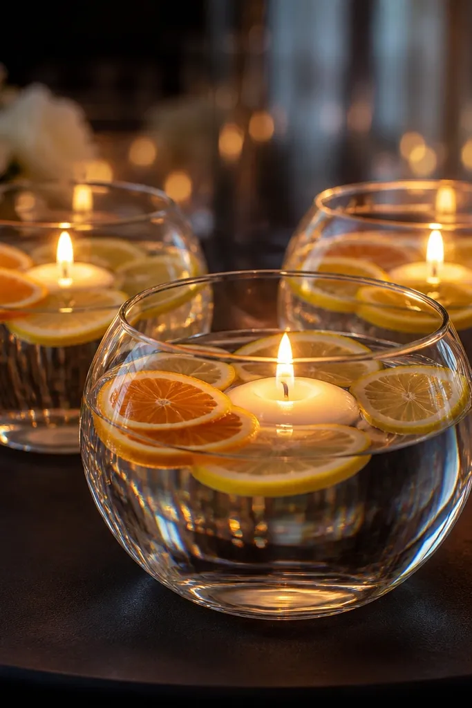 Glass bowls with floating candles and thin orange slices in clear water