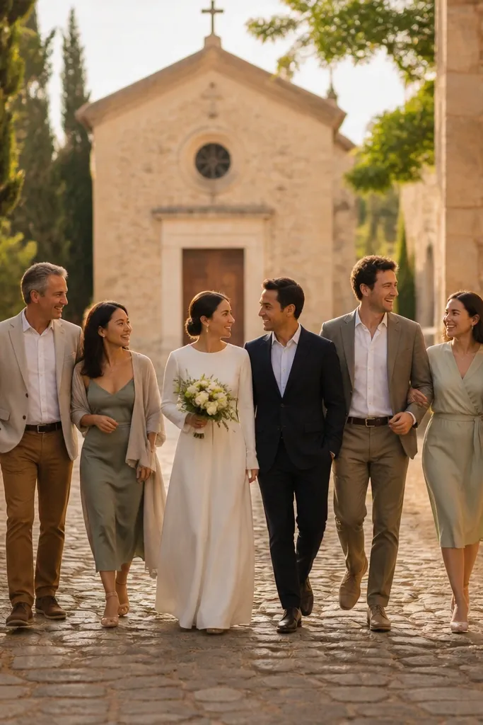 Couple and wedding party walking in a line outdoors