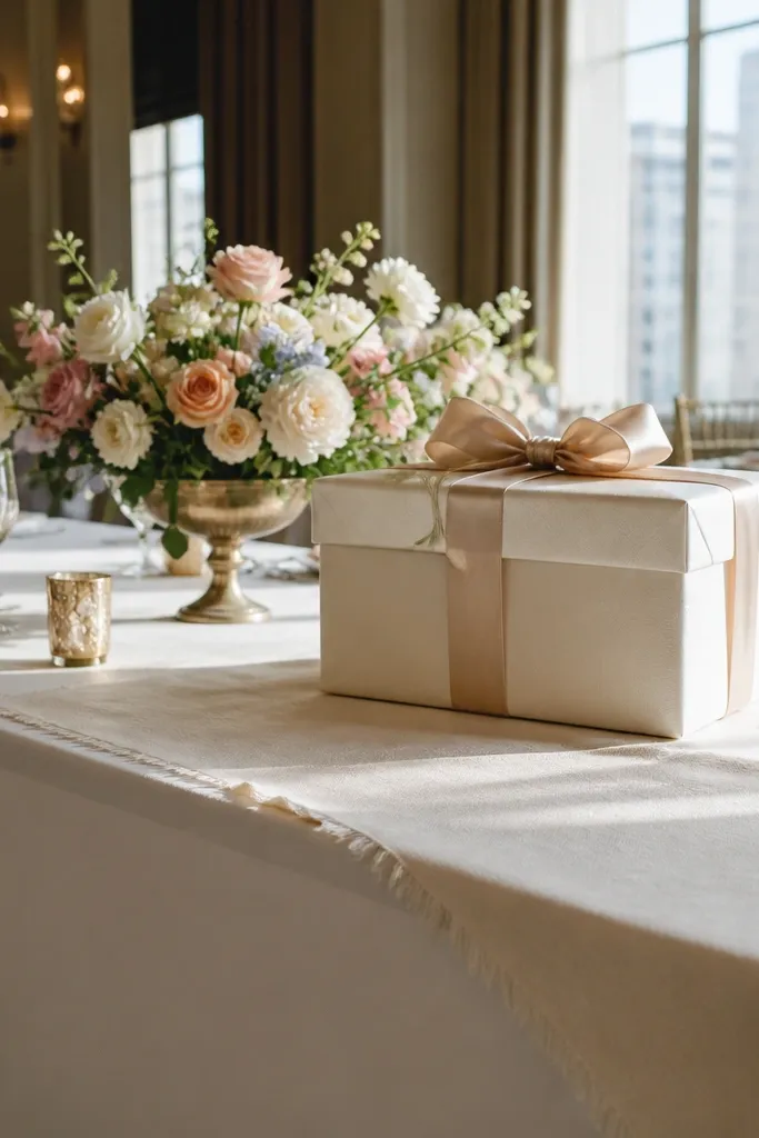 Ivory linen runner with a lightly frayed edge on a wedding gift table