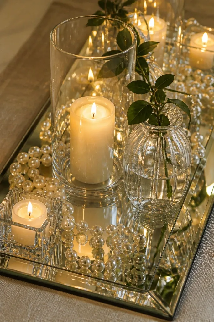 Silver mirror tray with candles and small decor on a wedding gift table