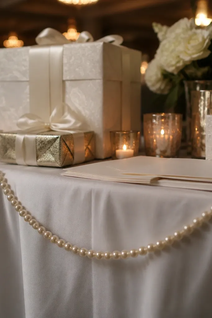 Pearl garland draped along the edge of a wedding gift table