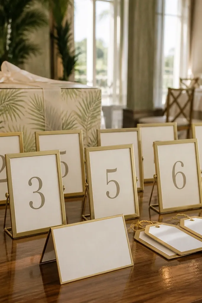 Small framed table numbers in matching metal frames on a wedding gift table