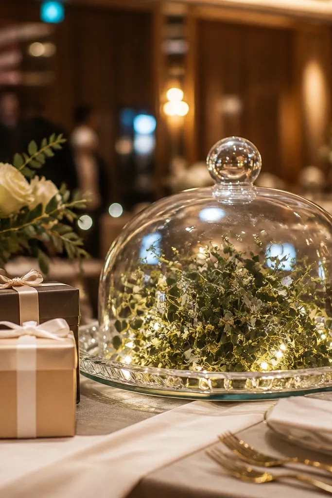 Glass cloche with faux greenery and tiny warm lights on a wedding gift table