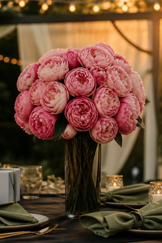 Tall cylinder vase with soft peony-like silk blooms on a wedding gift table