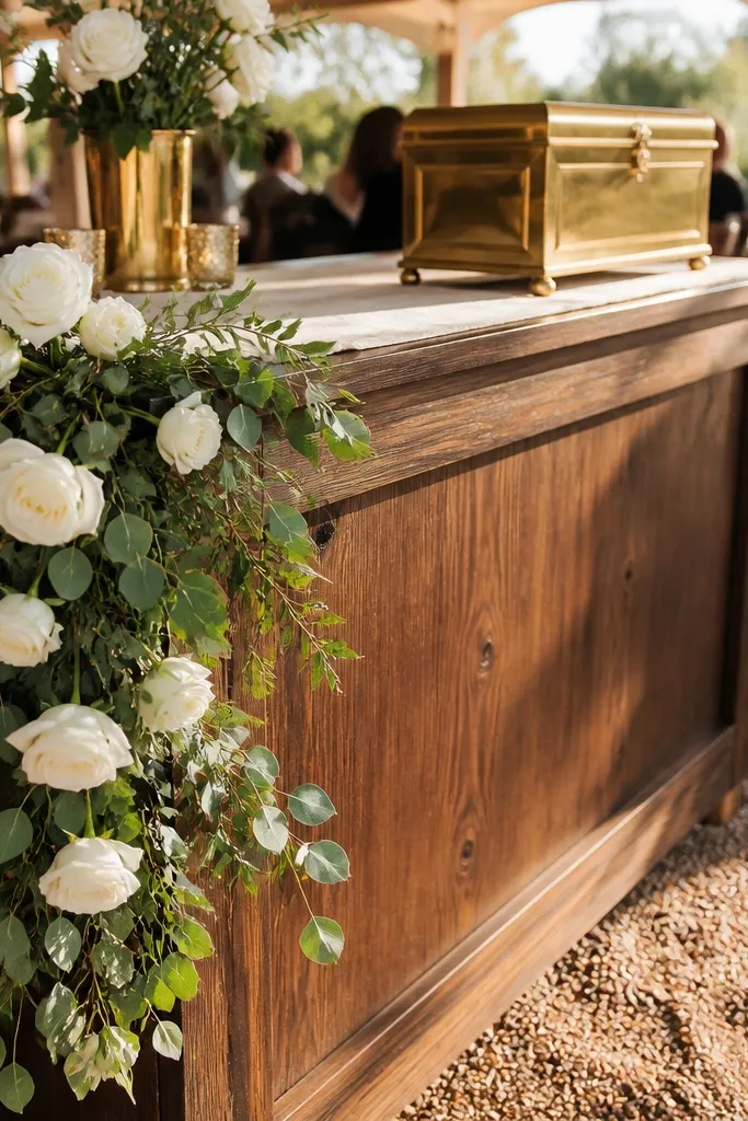 White rose garland draped along the side of a wedding gift table