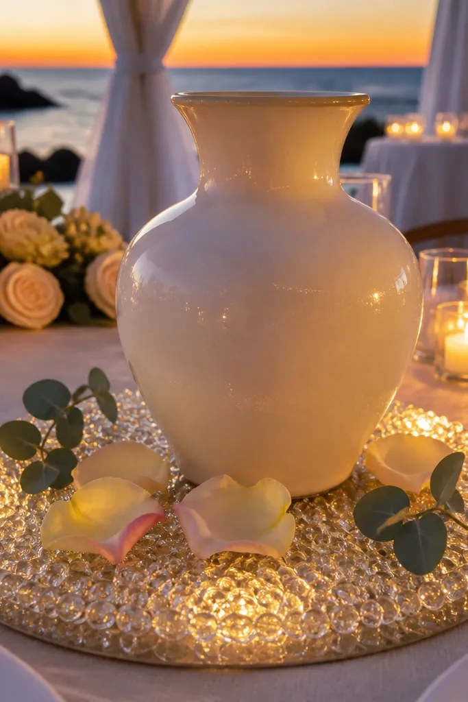 Beaded charger plate beneath a statement vase on a wedding gift table