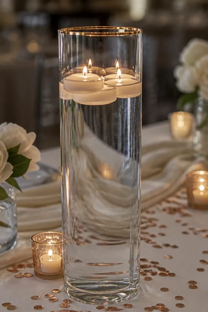 Gold-rimmed glass vase with floating candles on a wedding gift table