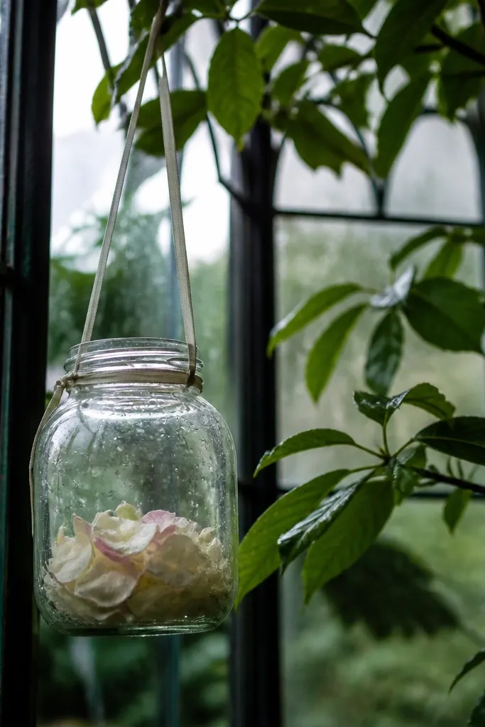 A clear hanging glass jar with a ribbon and card inside in a greenhouse