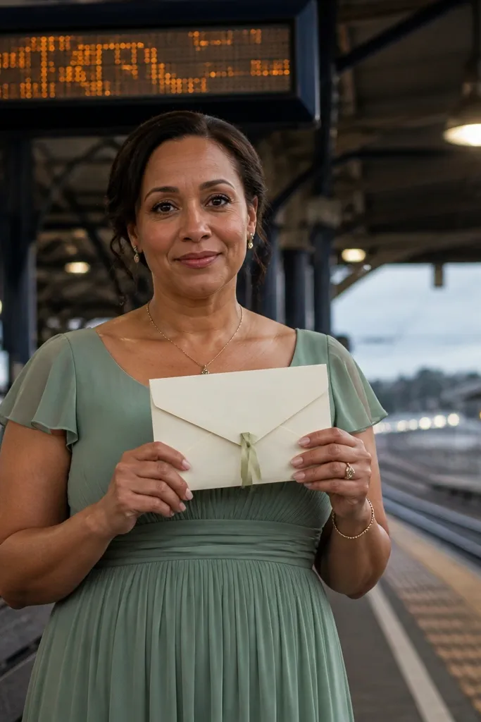 A boarding-pass envelope with ribbon on a train platform bench