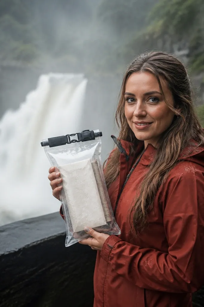 A waterproof roll-up scroll in a clear bag held at a waterfall overlook