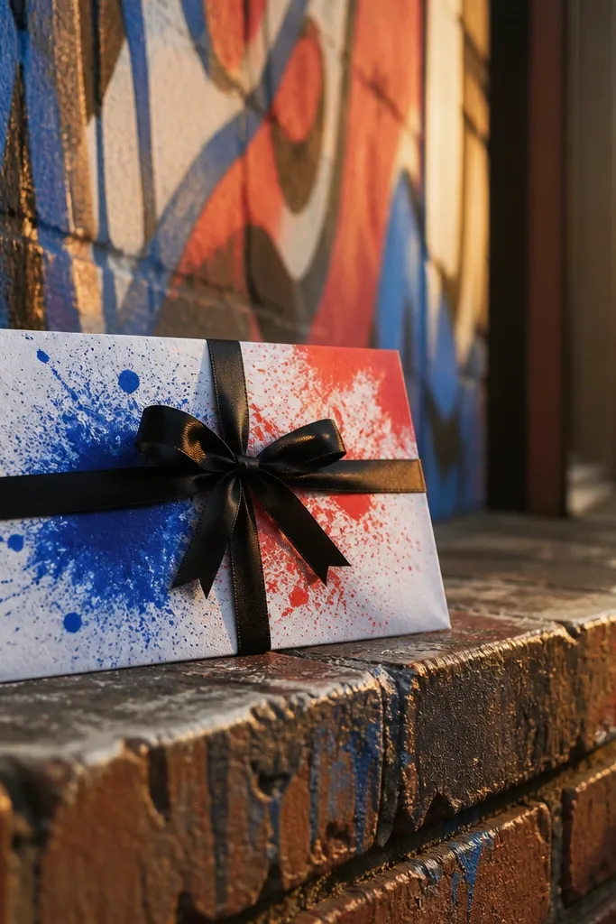 A black-ribbon envelope with paint-splash pattern in front of a colorful street art wall