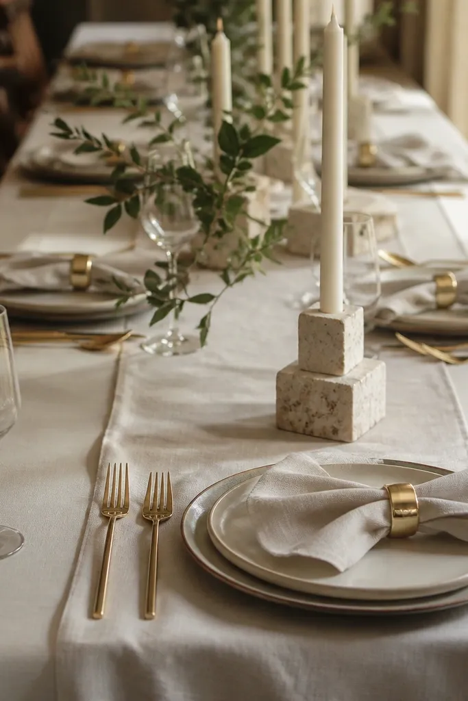 Cream table runner with gold cutlery and grouped white taper candles