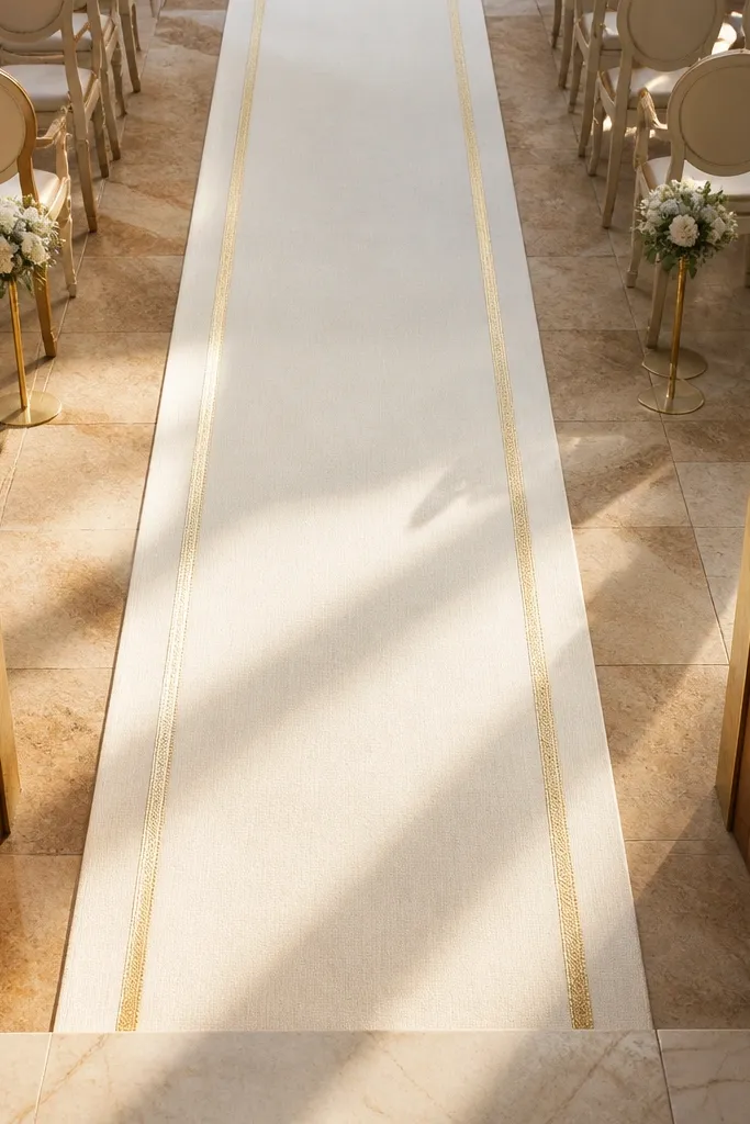 Ivory fabric aisle runner with a subtle gold border