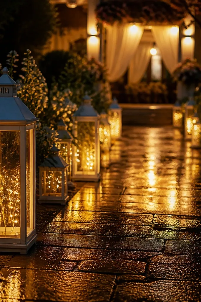 White lantern clusters with warm lights on a wooden walkway