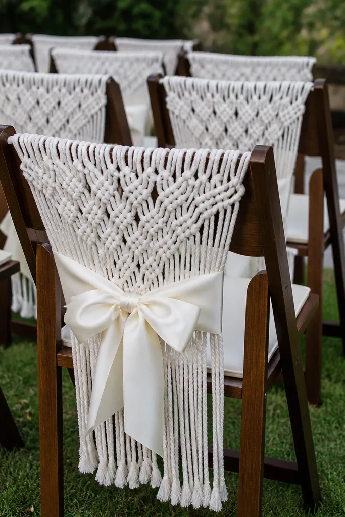 White chair ties with satin bows on ceremony chairs