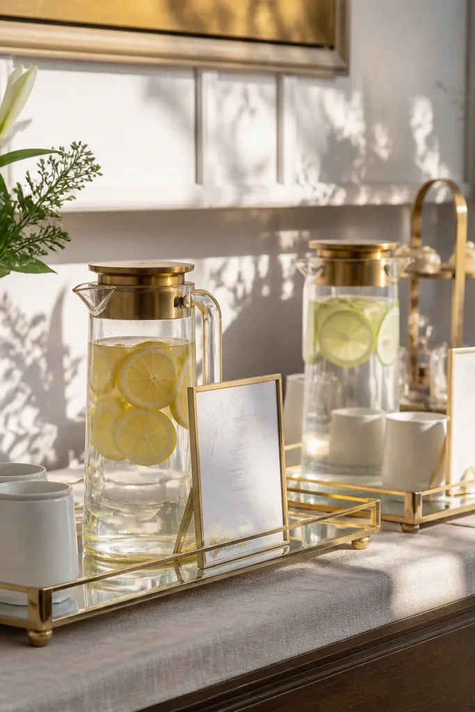 White and gold drink station with trays, menu cards, and greenery