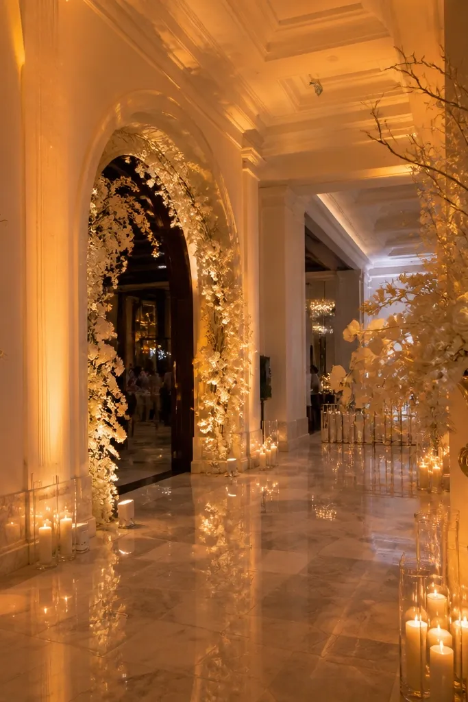 Warm uplighting along the reception entrance with candle-like glow