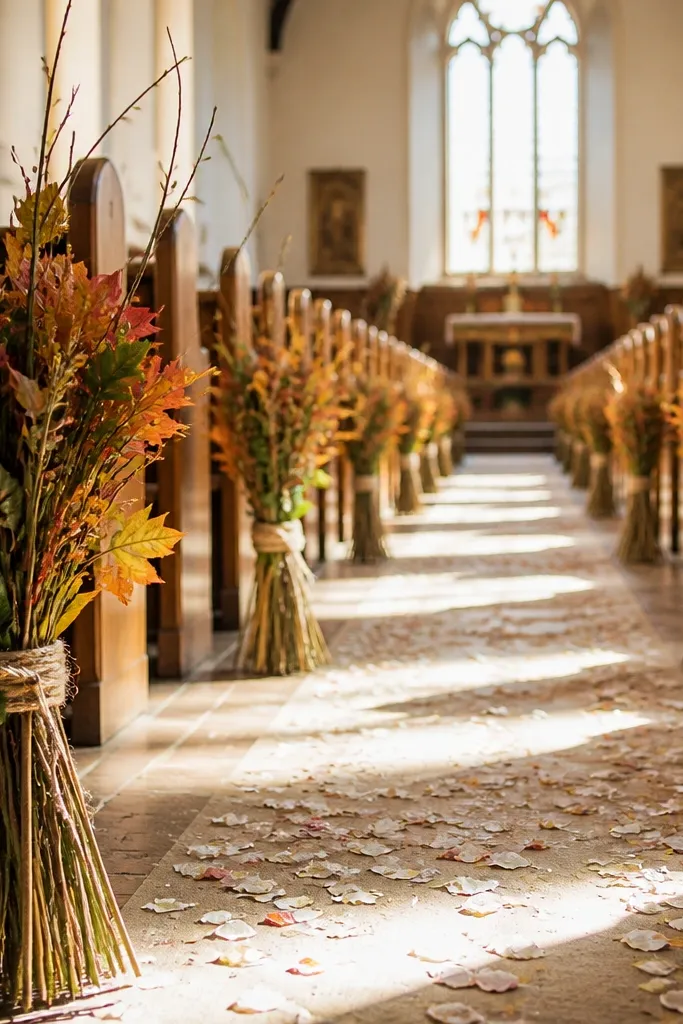 Green leaf trail laid down the aisle with small tied bundles