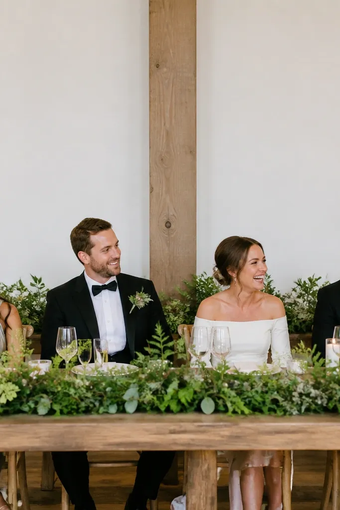 Low green greenery line across head table with scattered accents