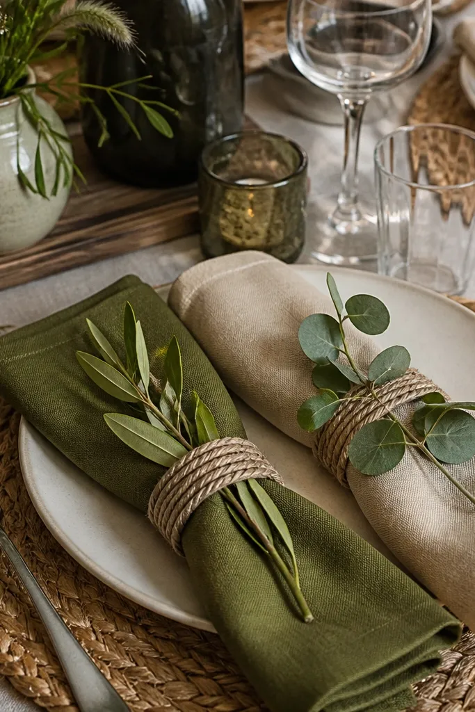 Cream napkin wrapped with twine and small leaf stem ring