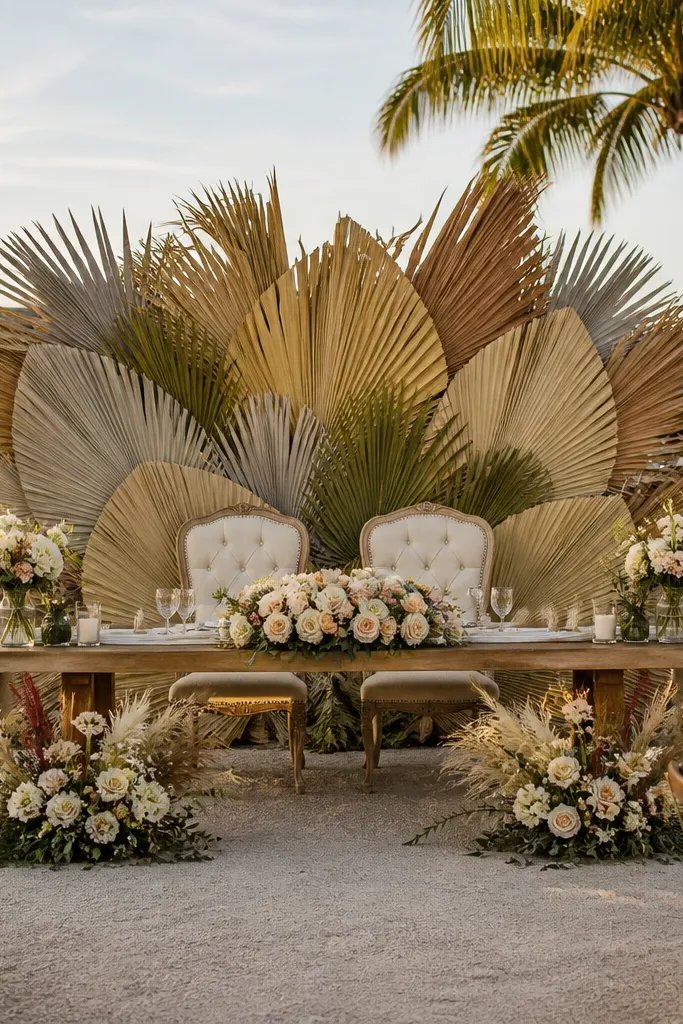 Broad dried leaf fan wall behind a sweetheart table