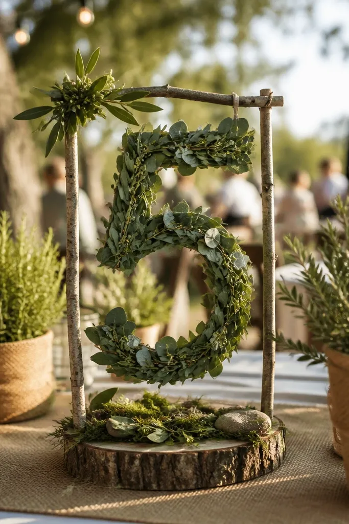Table numbers on stakes with thin branch and leaf accents