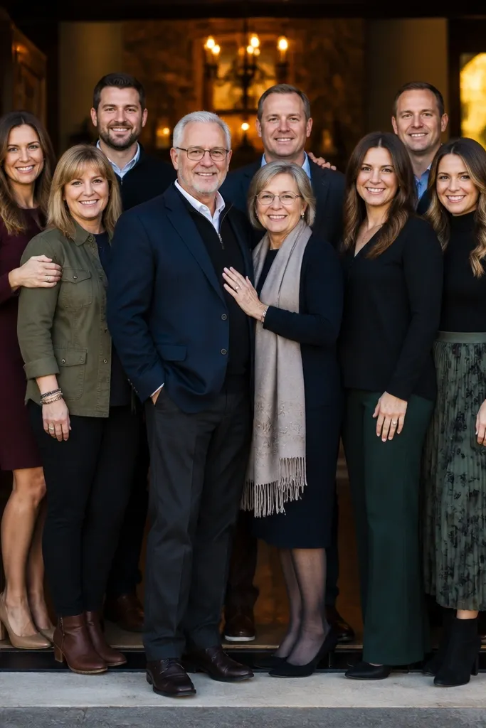 Large family posed inside a doorway, standing evenly by height