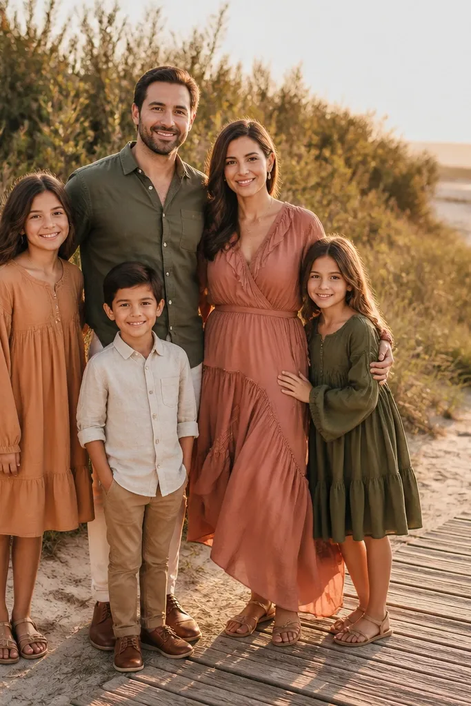 Family lined in an arc along a beach path during sunset light