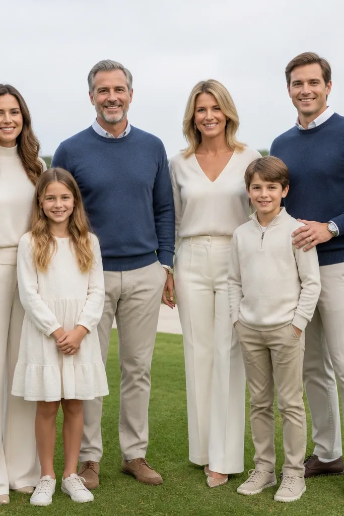 Family group standing on a green lawn with clear spacing between people