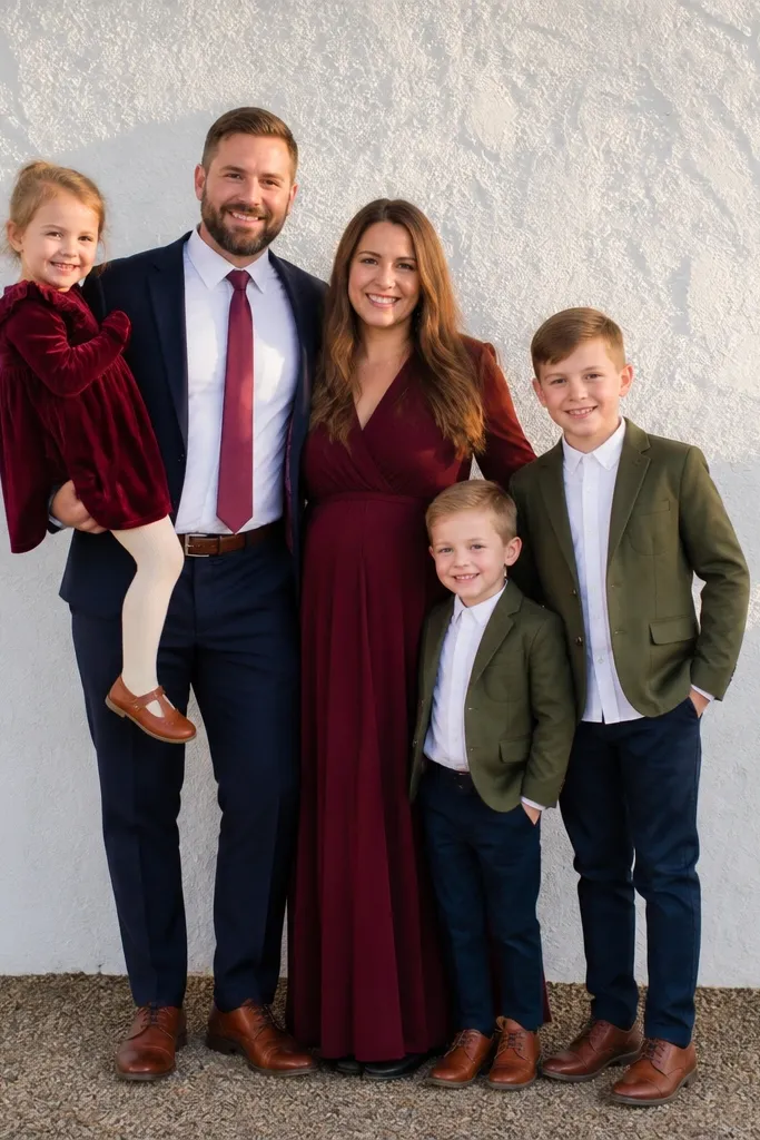Family posed against a white wall with colorful outfits standing close together