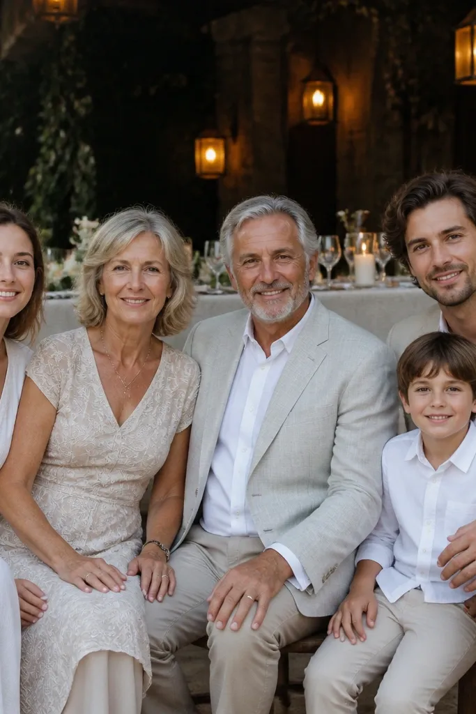Family seated in a row with a linen cloth behind them outdoors