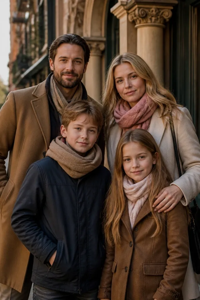 Family posed on a quiet city street in soft morning light