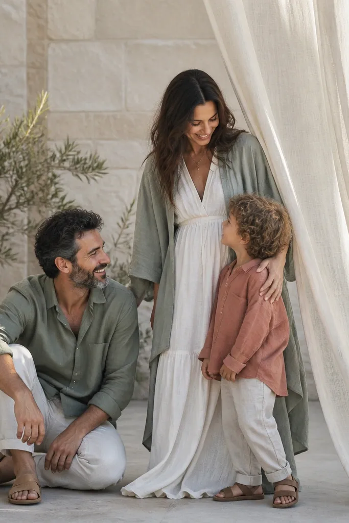 Family standing in a courtyard near linen curtains and a calm wall background