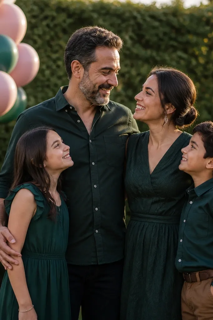 Family standing together near a small cluster of balloons in coordinated colors