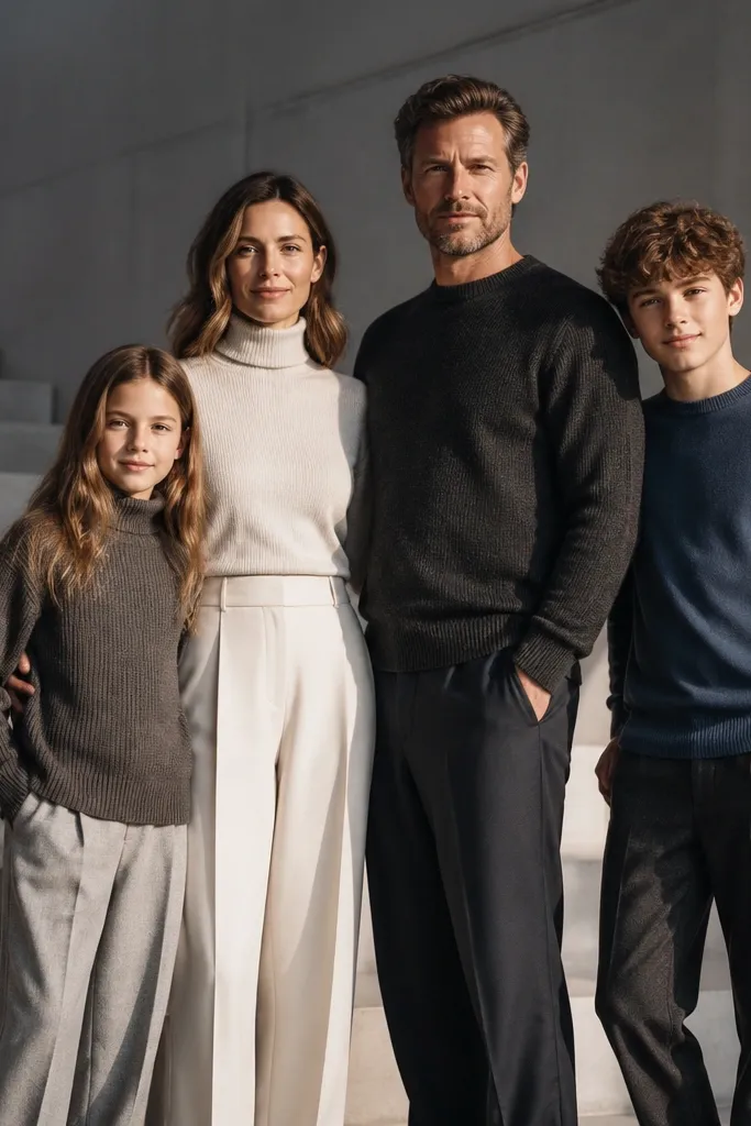 Family posed on a minimalist staircase with side lighting and clean lines